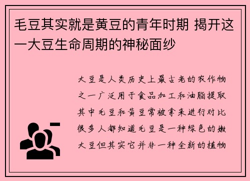 毛豆其实就是黄豆的青年时期 揭开这一大豆生命周期的神秘面纱 毛豆其实就是黄豆的青年时期 揭开这一大豆生命周期的神秘面纱